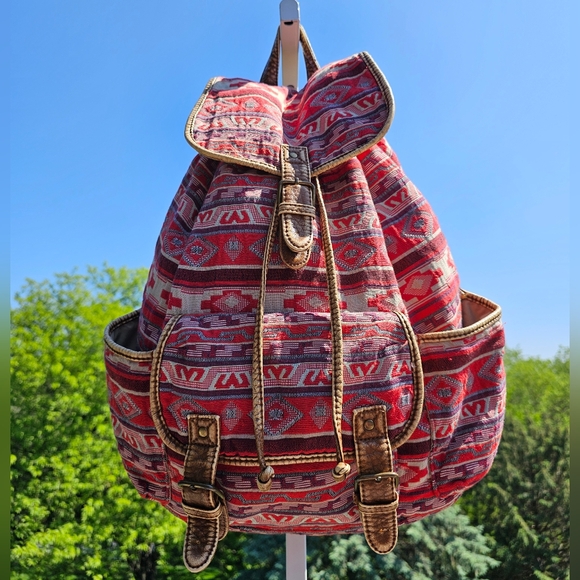 Aeropostale Handbags - AEROPOSTALE Tribal Design Drawstring Backpack w/Distressed Leather Trim